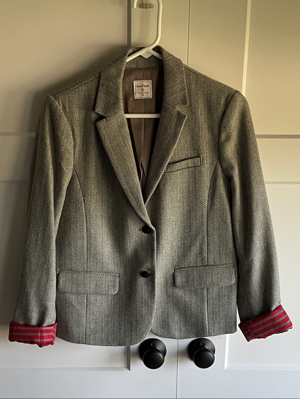 GAP Women's Gray Herringbone Blazer with Red Lining Cuff